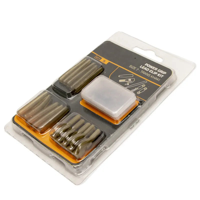 30 piece European carp fishing accessory set with components organised on card