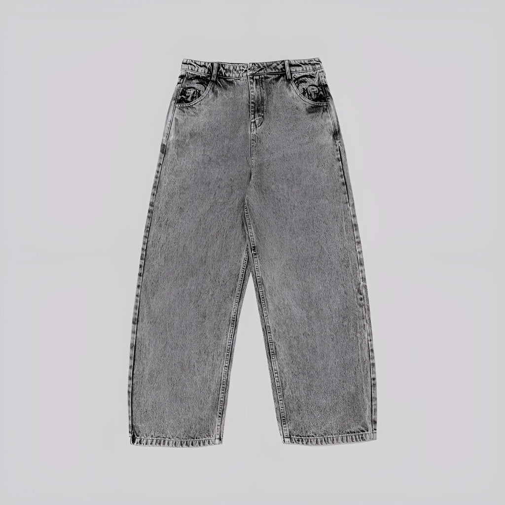 Grey loose-fitting straight-leg cotton denim trousers for men and women on a hanger