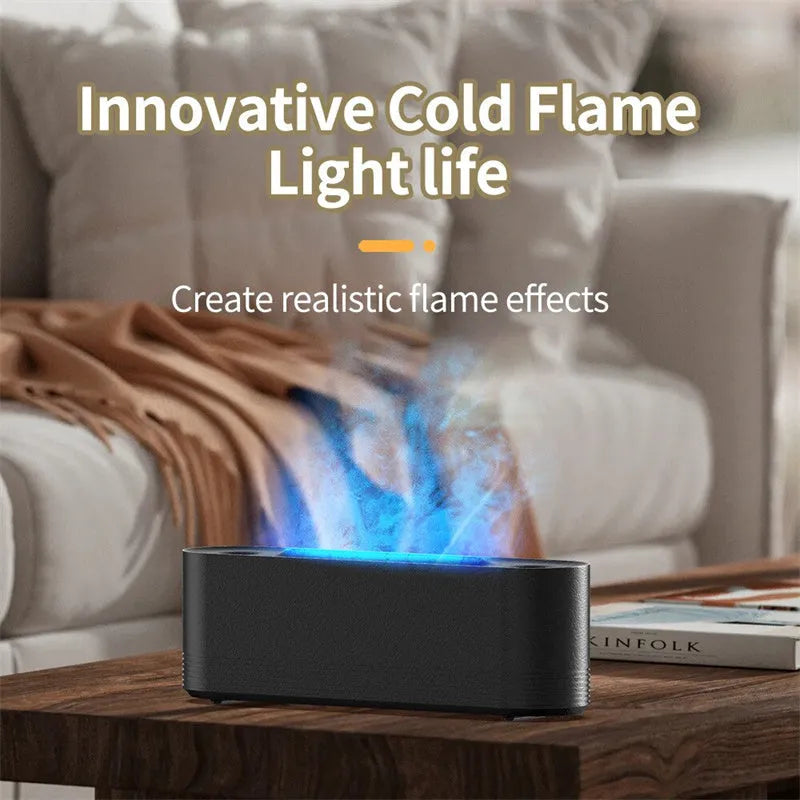 Black ultrasonic humidifier diffuser with colourful LED lights creating flame-like mist effect