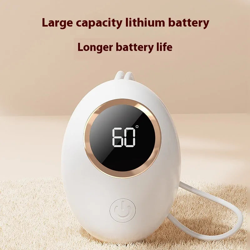 USB-powered hand warmer with digital display showing temperature, in charming blue colour
