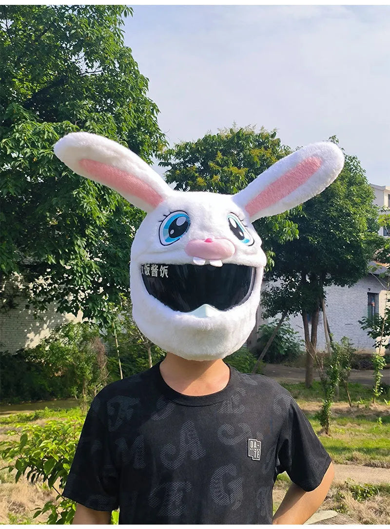 White plush rabbit head decorative cover for electric motorcycle helmet