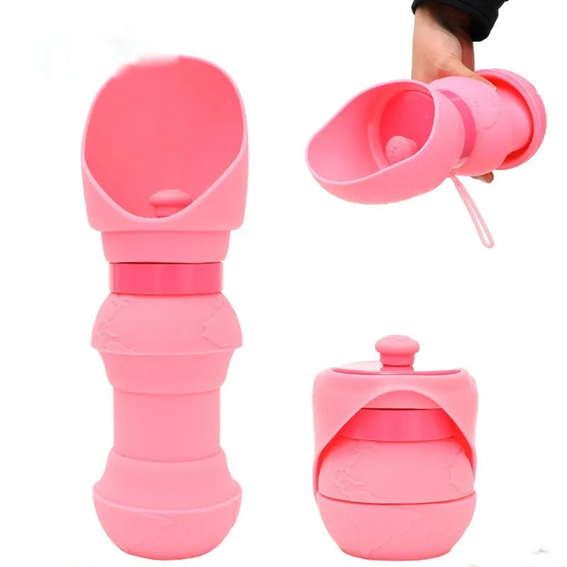 Collapsible silicone pet water cup shown in folded and open positions, available in various colours.
