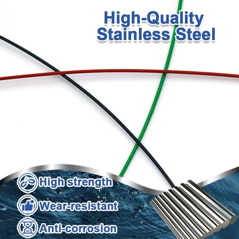 Set of 10 green, black, and red steel wire fishing accessories with double buckle pins, each 54cm long.