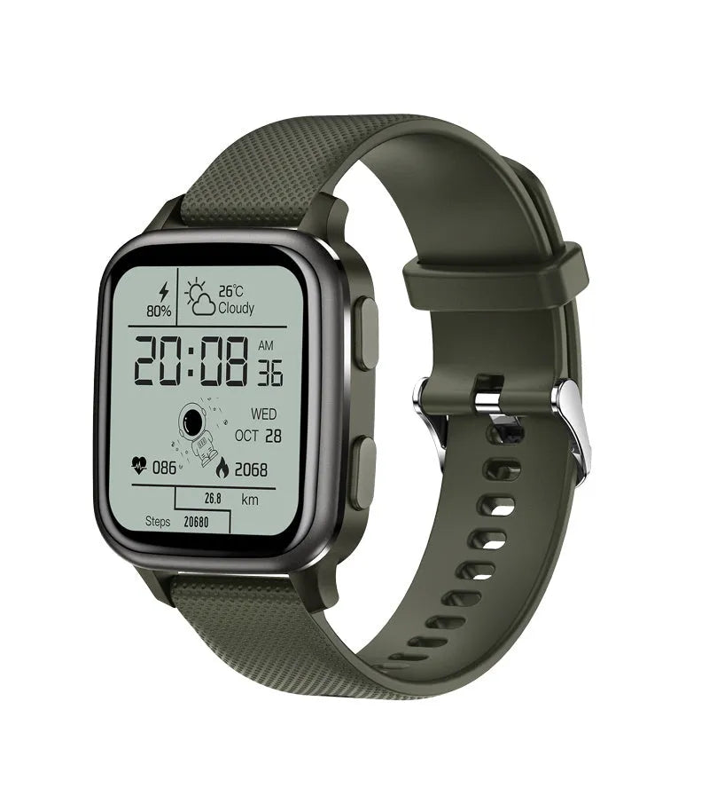 Smart bracelet fitness watch with Bluetooth call function on wrist, shown in black, blue, green, and pink colour options.