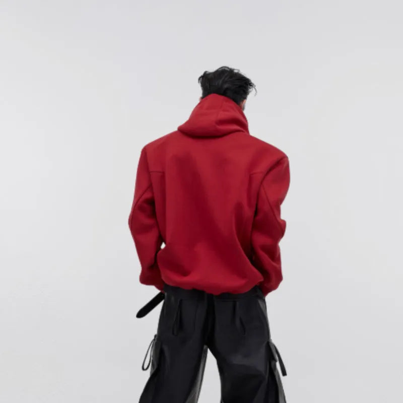 Men's loose-fit hooded sweater with heavy shoulder pads and metallic 3D printing design in red
