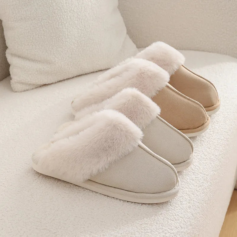 Brown women's plush indoor slippers with round toe, flat heel, and textured PVC anti-slip sole.