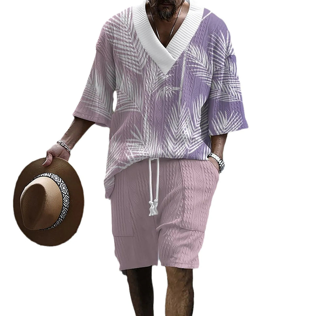 Men's knitted short-sleeved top and matching shorts in a solid colour, showing relaxed drop-shoulder fit.