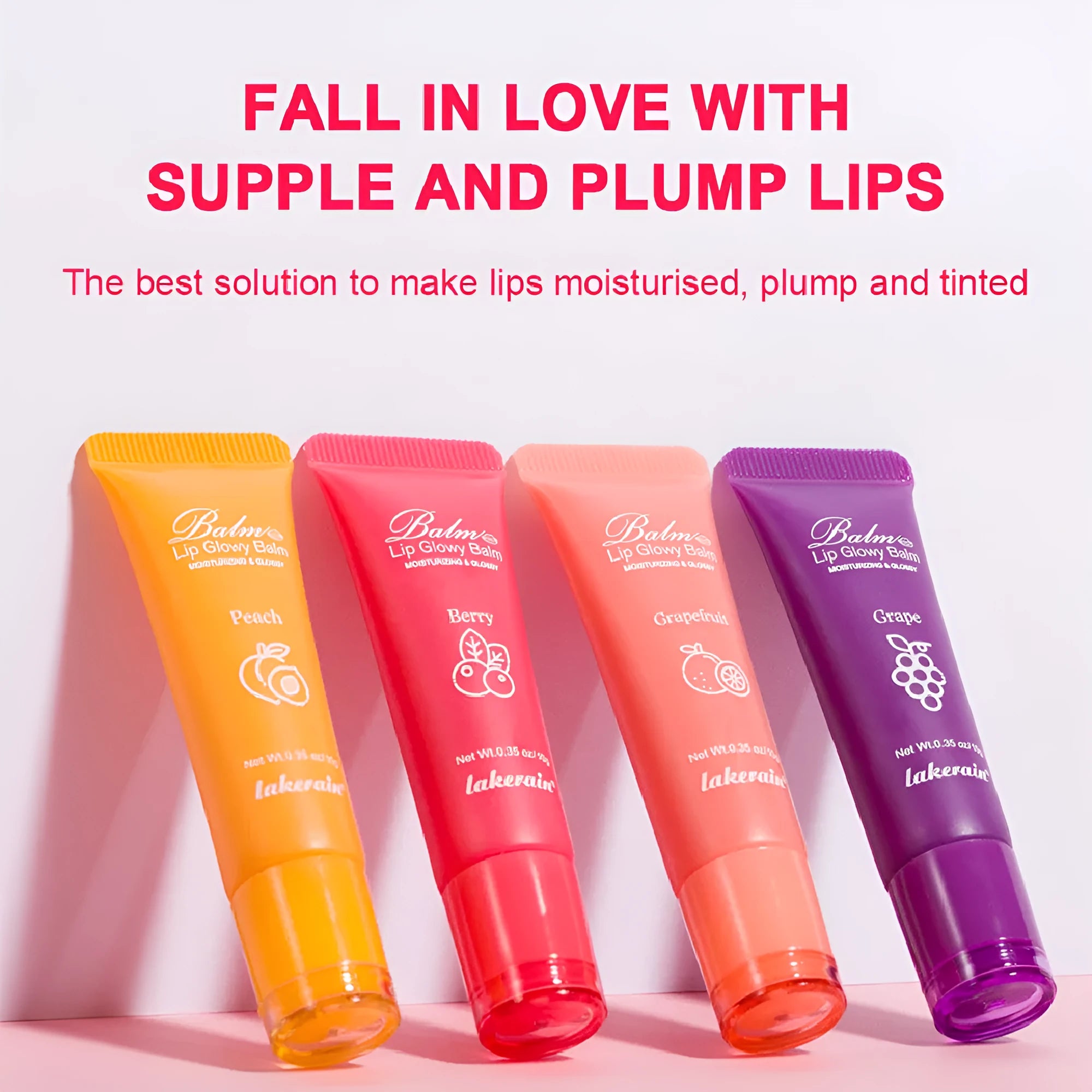 Women's lip gloss in berry, grape, grapefruit and yellow peach flavours with natural finish