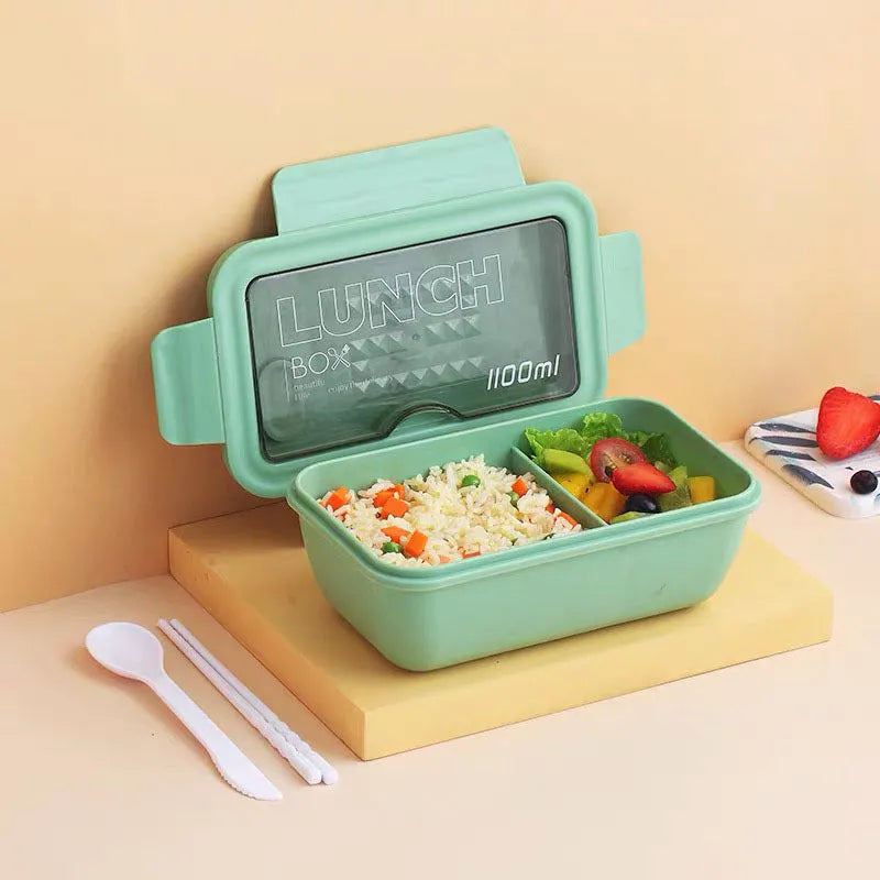 Four-layer plastic bento box in Nordic style with partitioned design showing green colour option