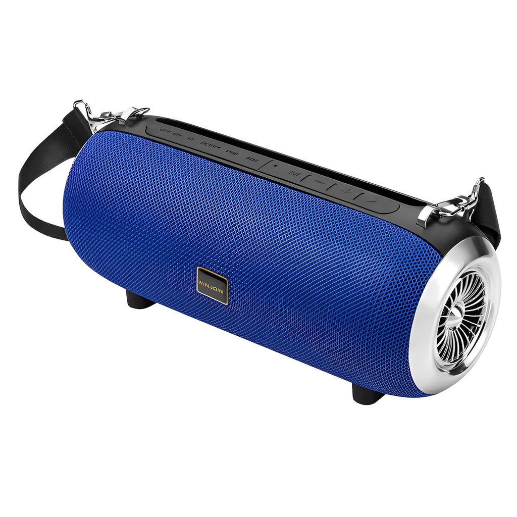 F666 portable Bluetooth speaker in black with shoulder strap showing controls and connectivity ports