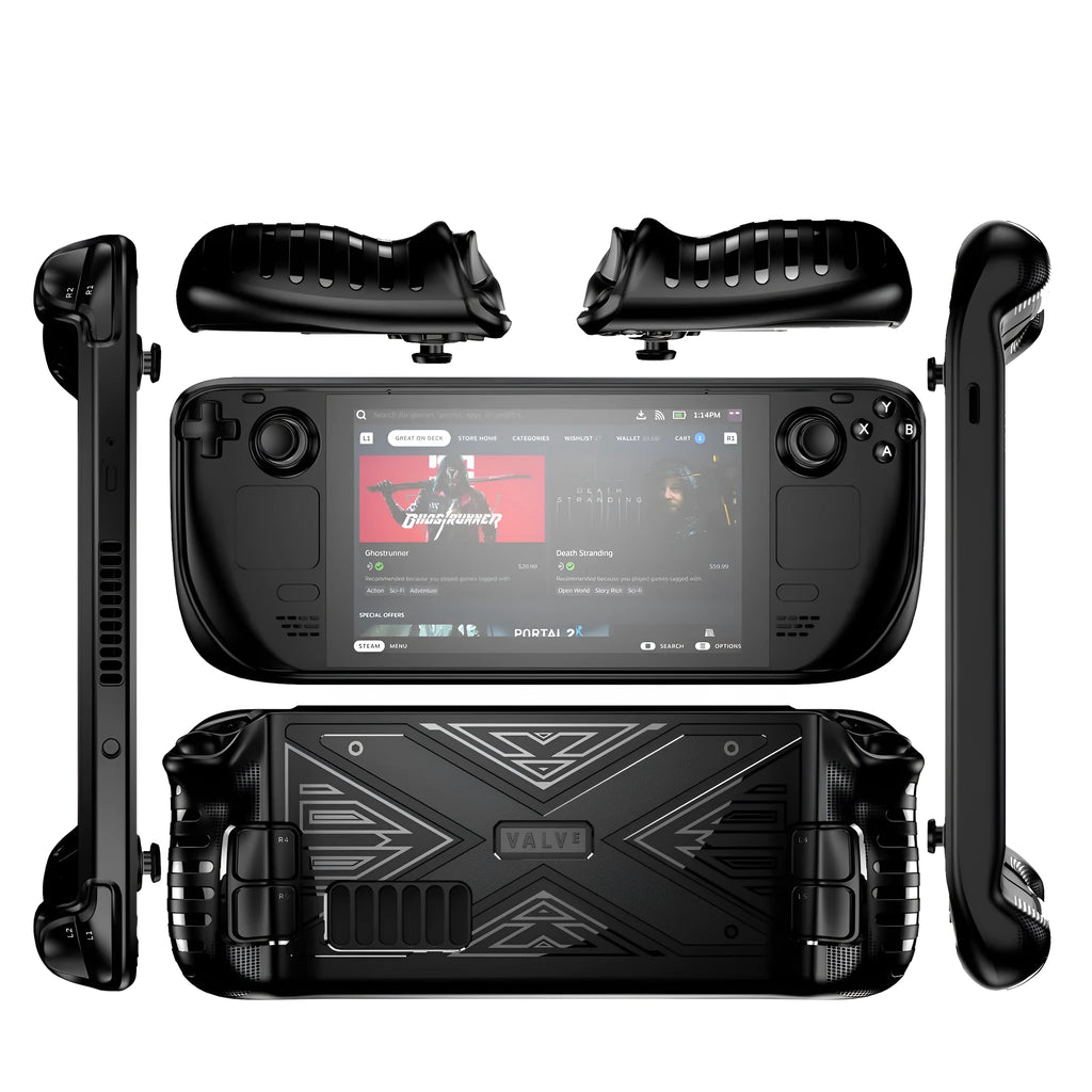 Steam Deck silicone protective case in black blue or red colours showing TPU construction