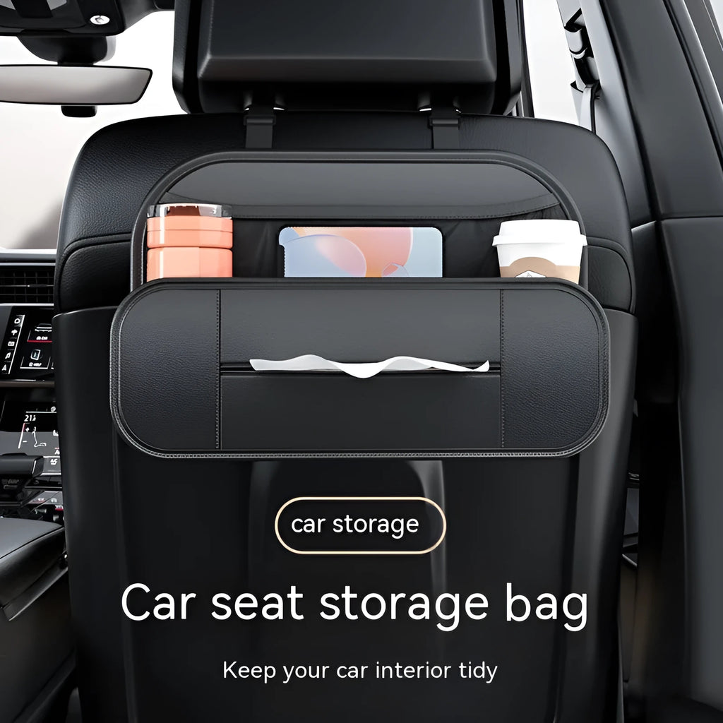 Black leather car seat back storage bag showing box design and dimensions.