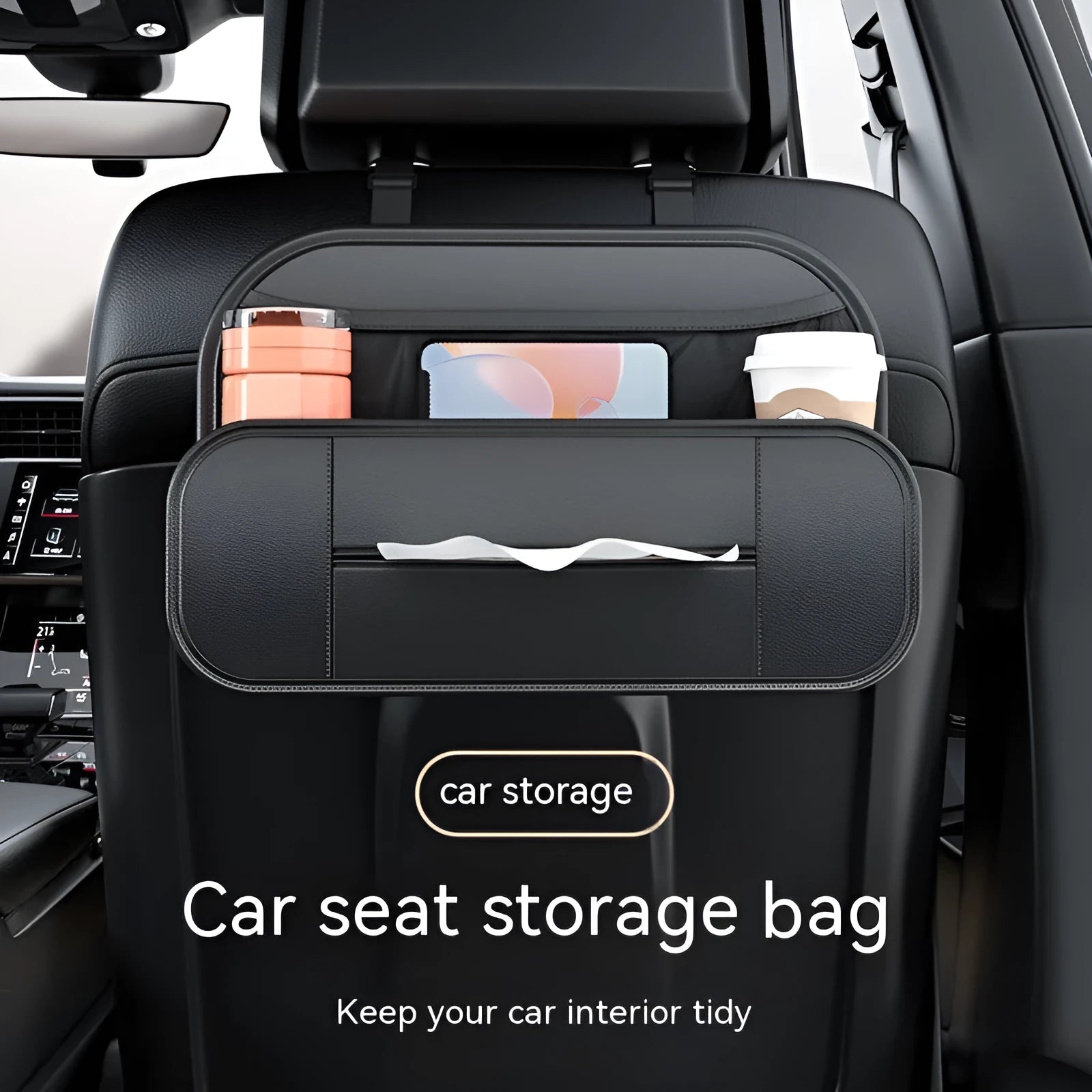 Black leather car seat back storage bag showing box design and dimensions.