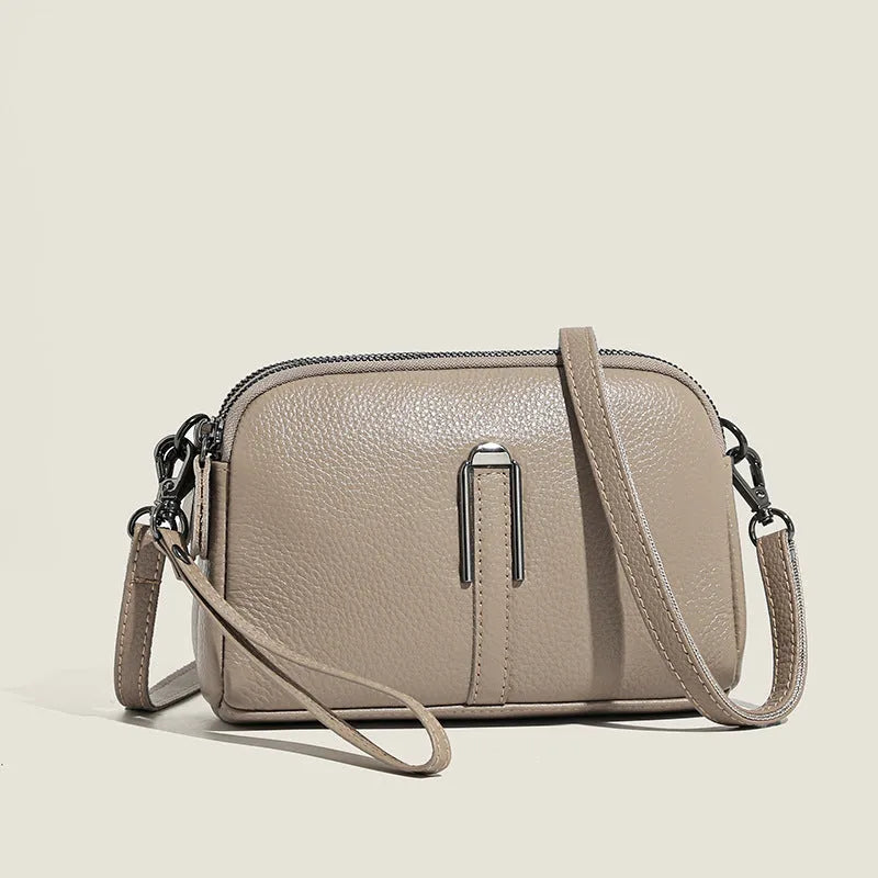 Genuine leather women's shoulder bag with horizontal square design in dark khaki colour