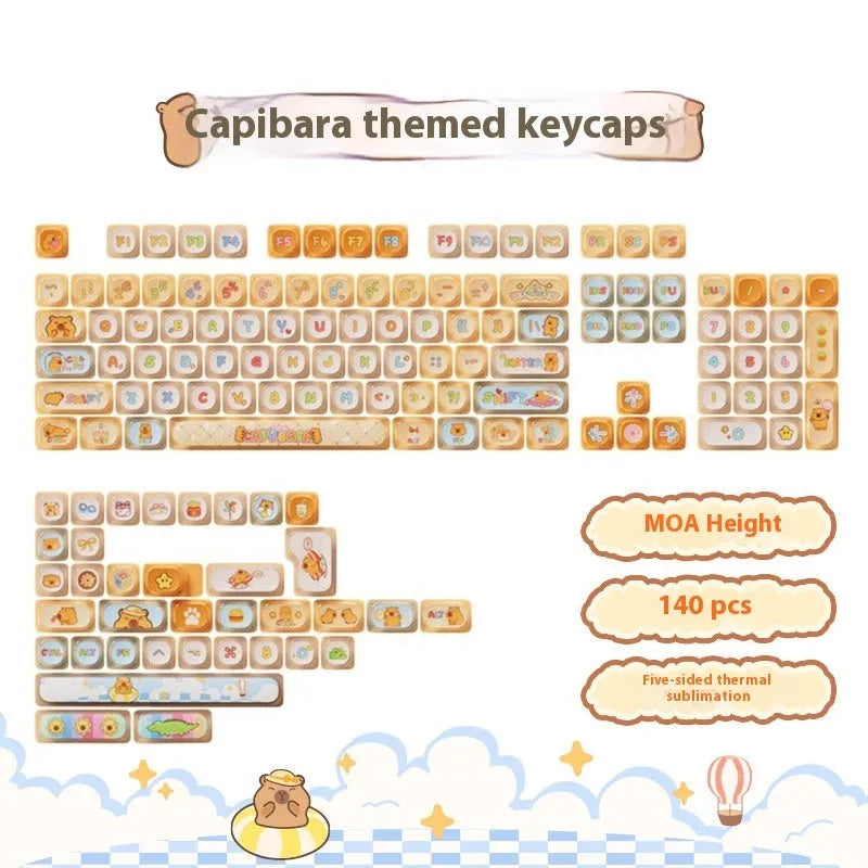 Sublimation printed cartoon theme keycap set for mechanical keyboard with pig party and capybara designs