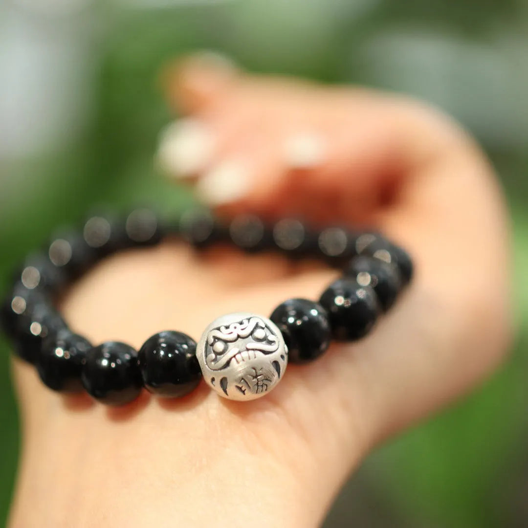Natural black agate 10mm bead bracelet with sterling silver alloy components in Chinese style