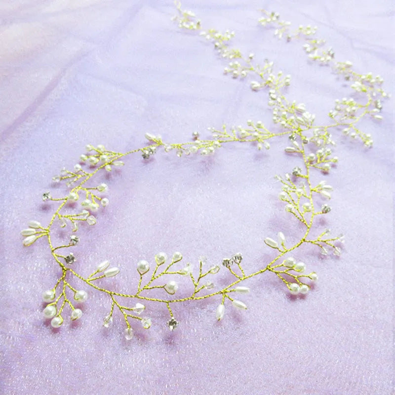 Bridal pearl hair band in silver, gold KC and rose gold colours with three length options