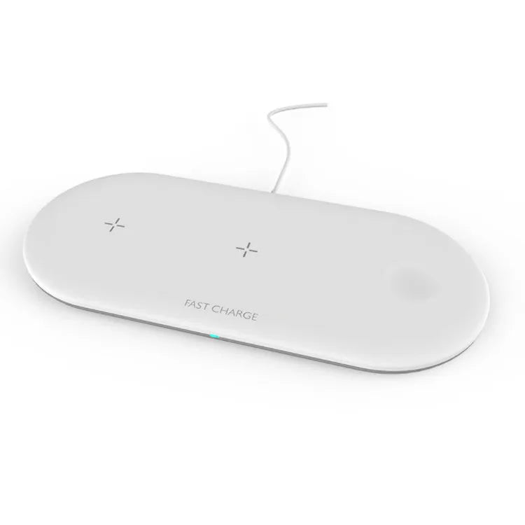Black three-in-one wireless charging station for iPhone, Apple Watch and headphones on a desk.
