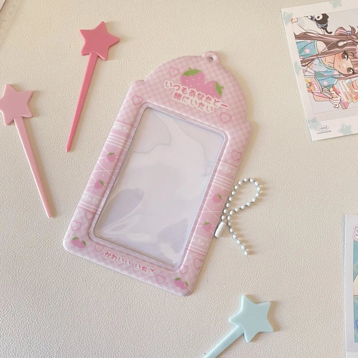 Cartoon plaid strawberry design PVC card holder pendant for lanyards, measuring 7.6 by 13.6 centimetres.