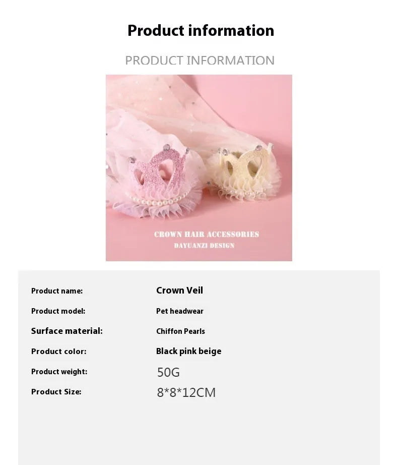 Pet cat wearing a princess crown headdress with a long veil, available in beige or pink.