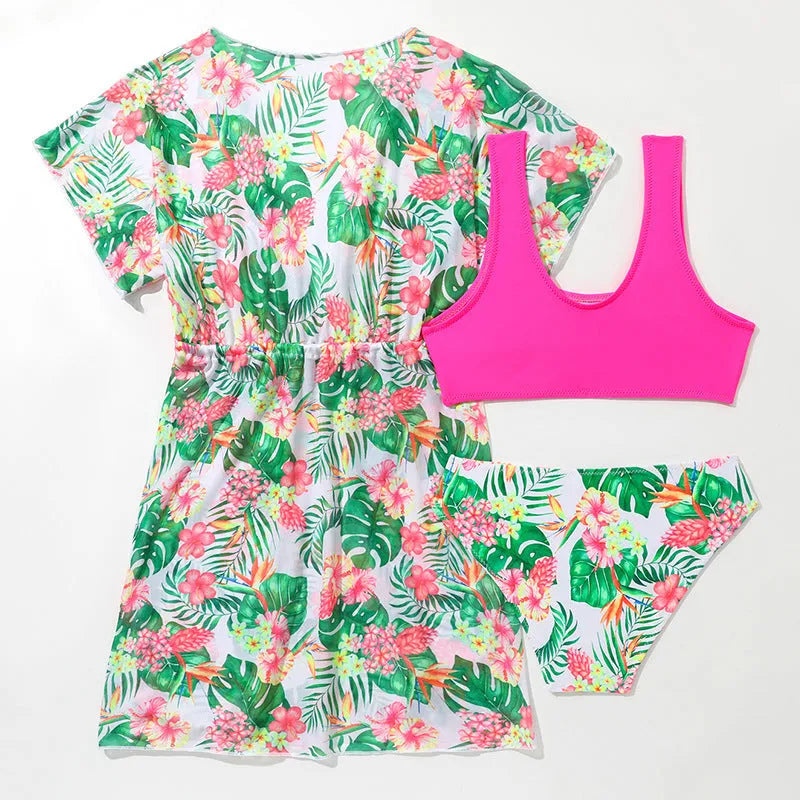 Girls' two-piece floral pattern swimsuit with polyester high elasticity fabric in available sizes