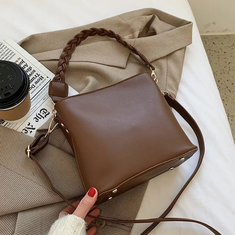 Retro woven texture PU leather crossbody bucket bag in khaki colour with underarm positioning