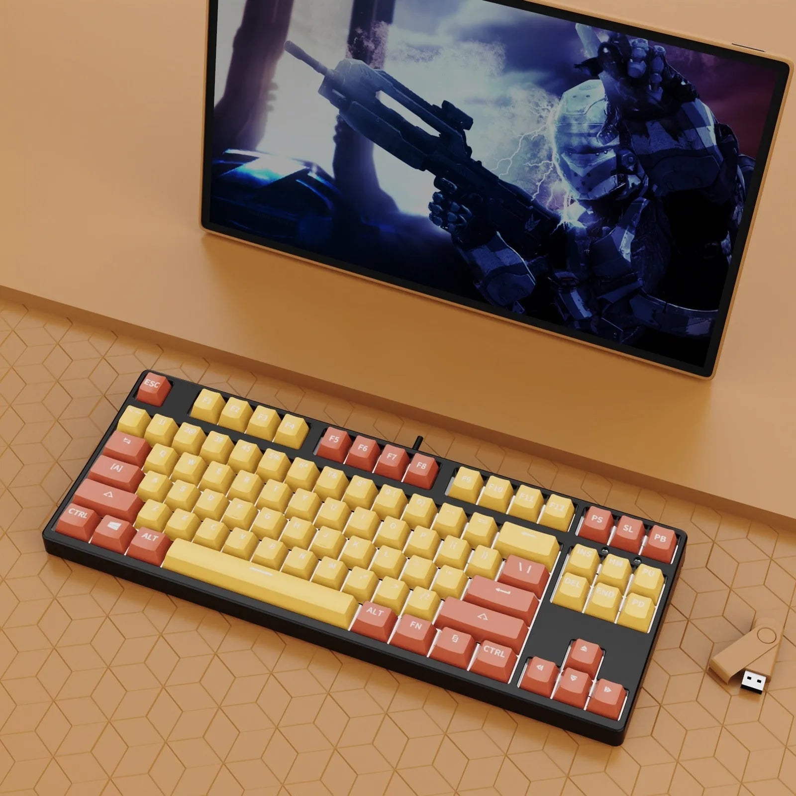 87-key wired mechanical keyboard with hot-swappable sockets showing colour options and included accessories