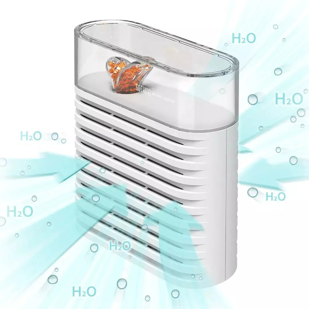 White recyclable cabinet dehumidifier box with transparent top showing colour-changing crystals