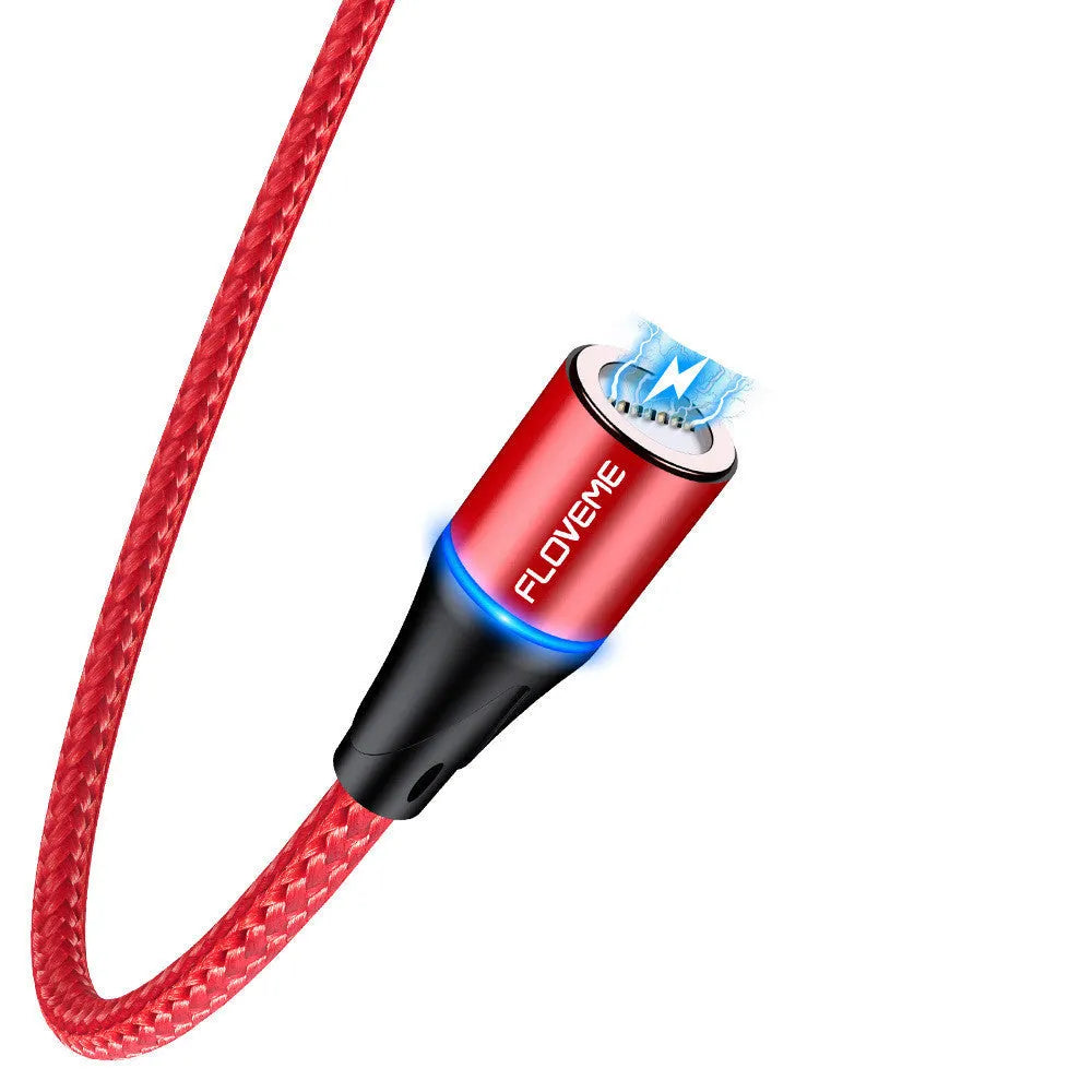 Black magnetic data cable with LED light showing iPhone and Android compatibility