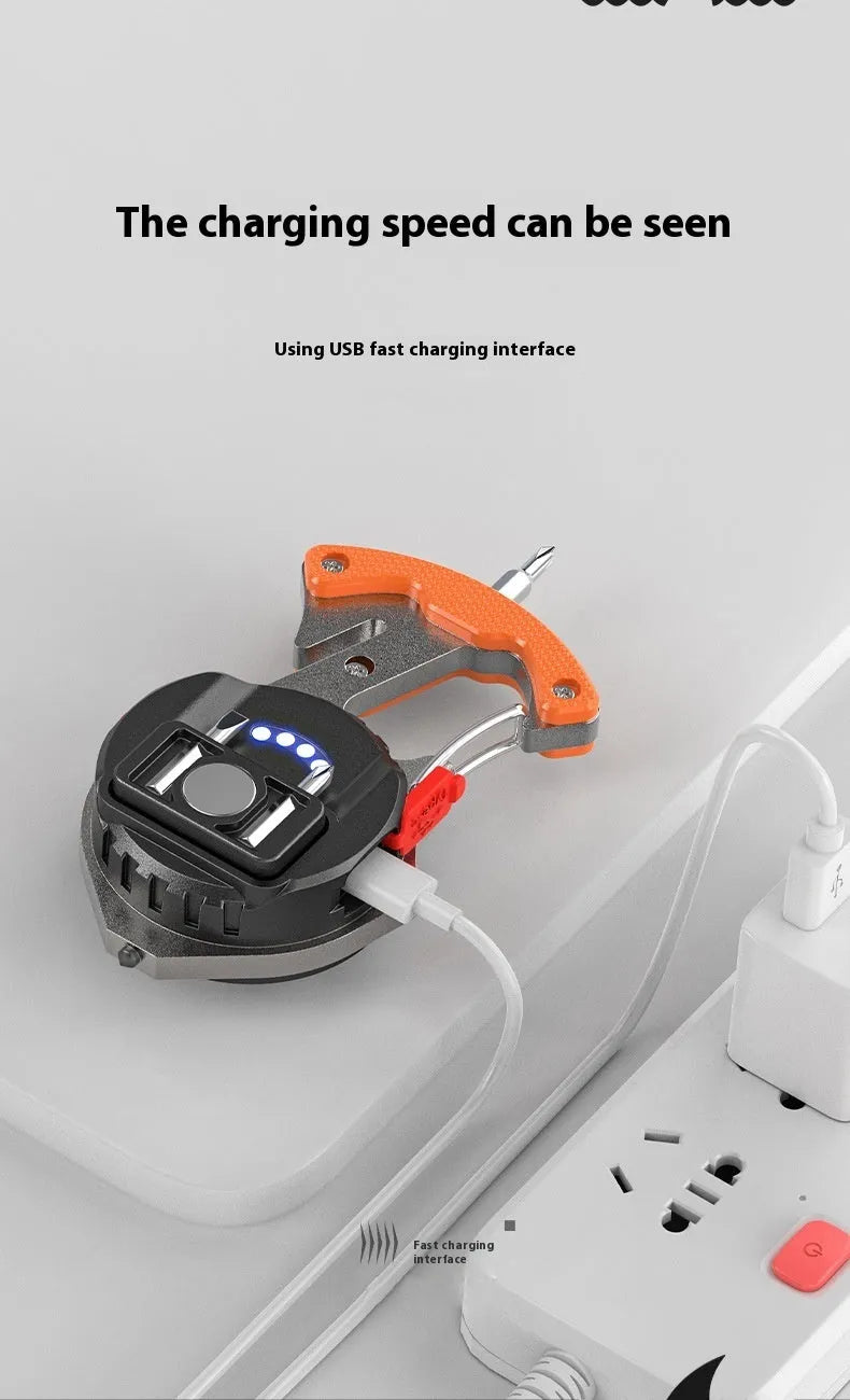 Portable multifunctional keychain rechargeable flashlight with window-breaking hammer and screwdriver tools.