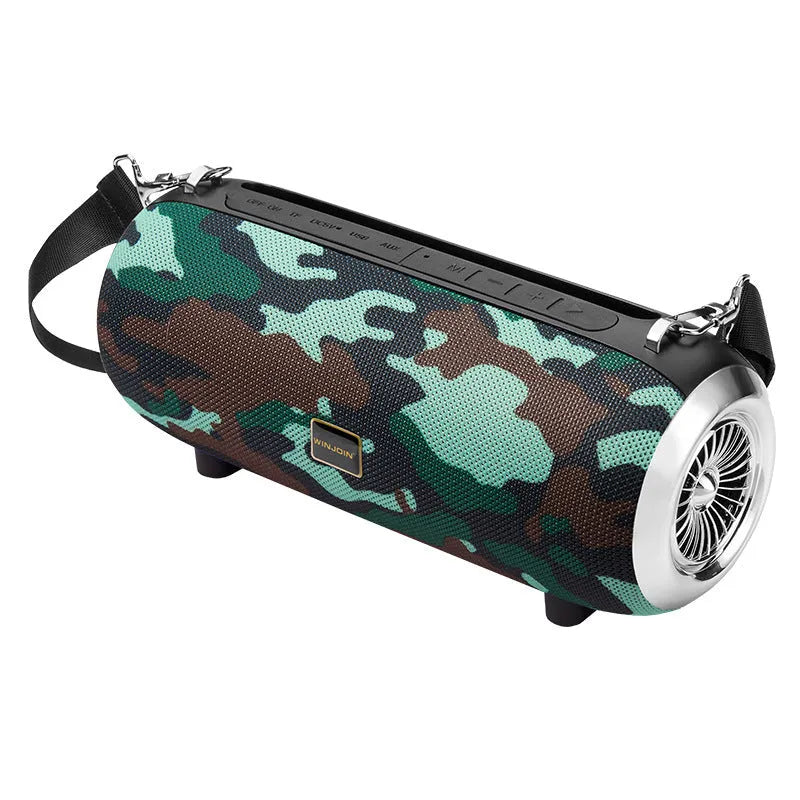 F666 portable Bluetooth speaker in black with shoulder strap showing controls and connectivity ports