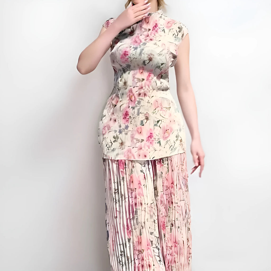 Women's long sleeve printed chiffon two-piece dress with high waist, shown in picture colour.