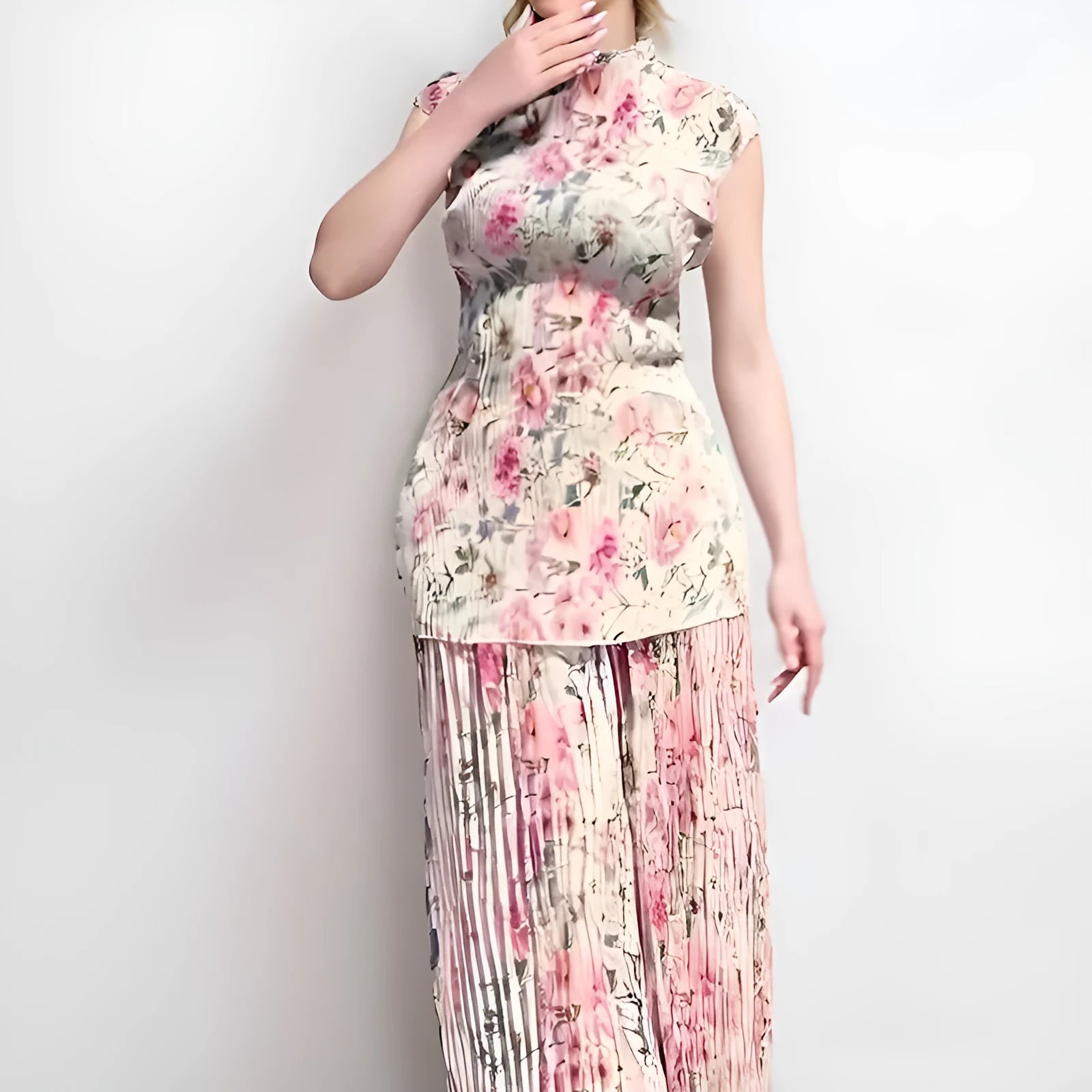 Women's long sleeve printed chiffon two-piece dress with high waist, shown in picture colour.