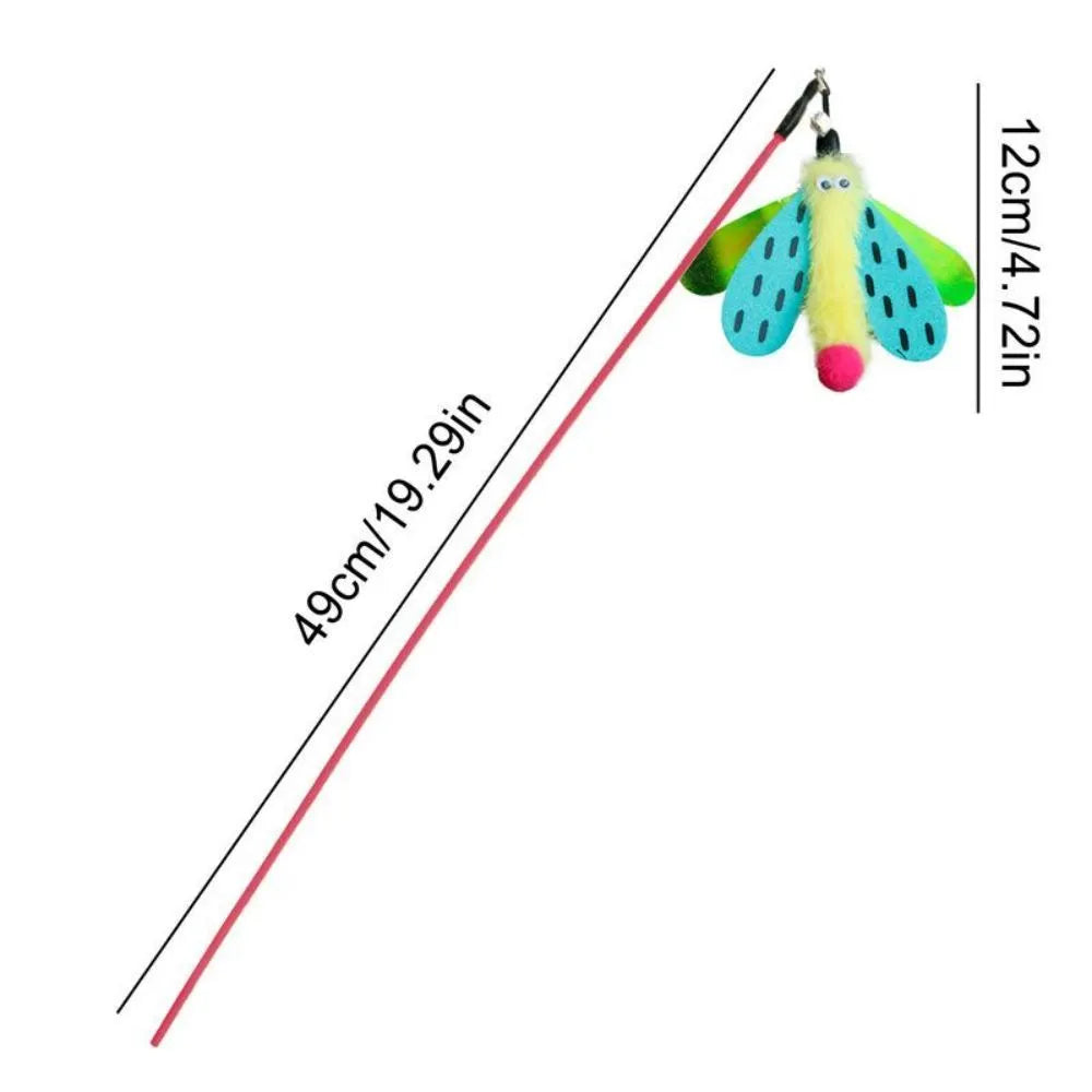 Cat wand toy with dragonfly attachment and bell on 49cm stick