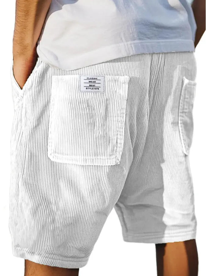 Men's straight-leg corduroy shorts with multi-pockets and embroidery detail in various colours