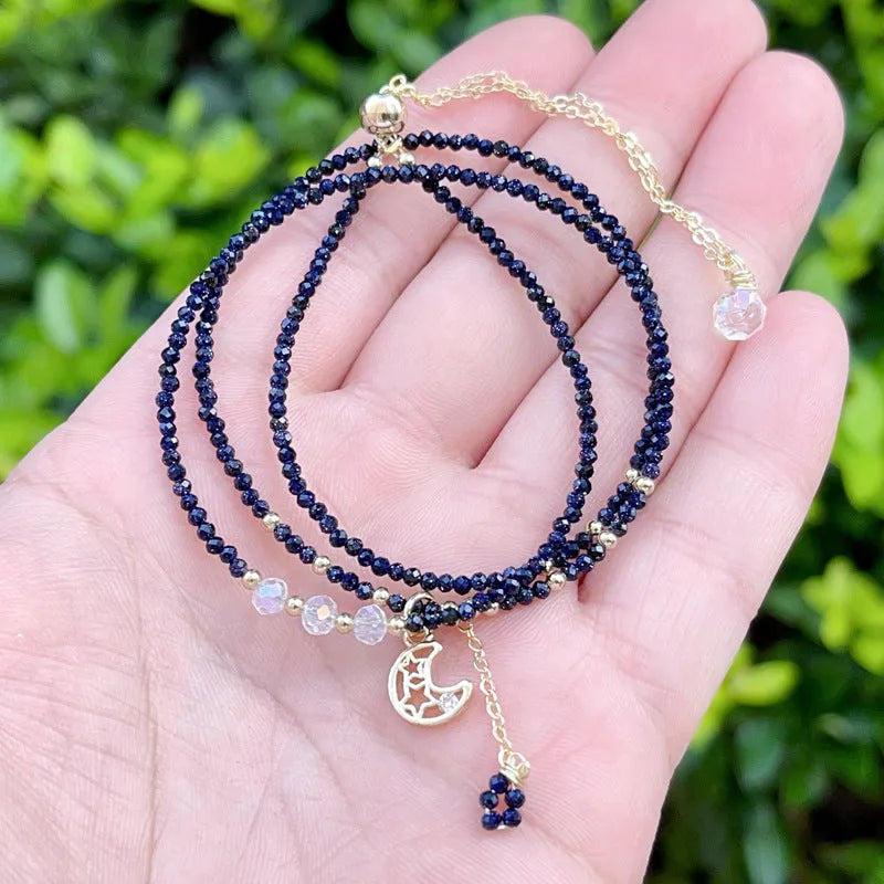 Blue sandstone three-ring bracelet for women with multi-layer gold design