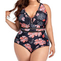 Black floral print plus size women's bikini swimsuit made from polyester mesh fabric.