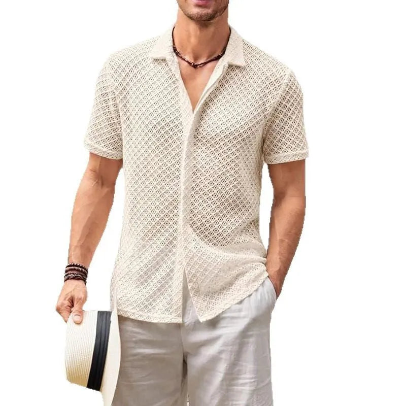 Men's summer mesh short sleeve lapel shirt in cotton blend fabric