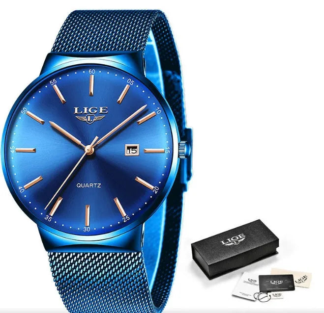 Men's stainless steel wristwatch with 40mm dial, shown in black, blue, and black blue colour options