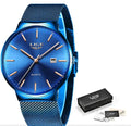 Men's stainless steel wristwatch with 40mm dial, shown in black, blue, and black blue colour options