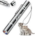Silver aluminium cat laser pointer toy showing pattern selection gear and USB charging port