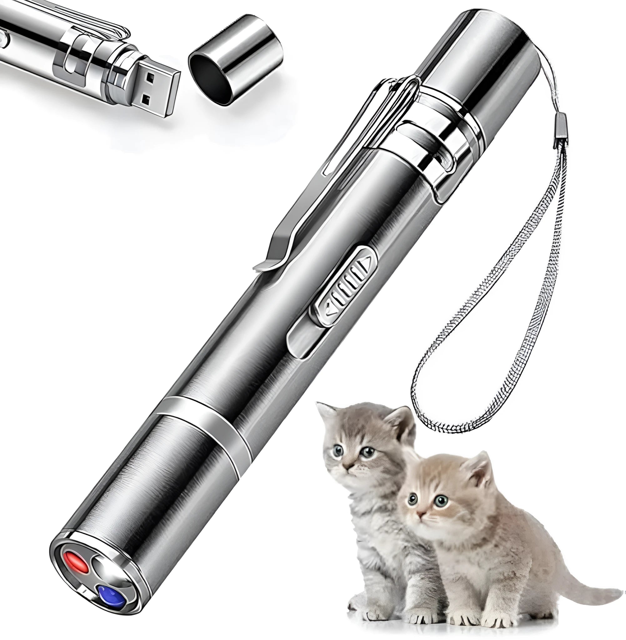 Silver aluminium cat laser pointer toy showing pattern selection gear and USB charging port
