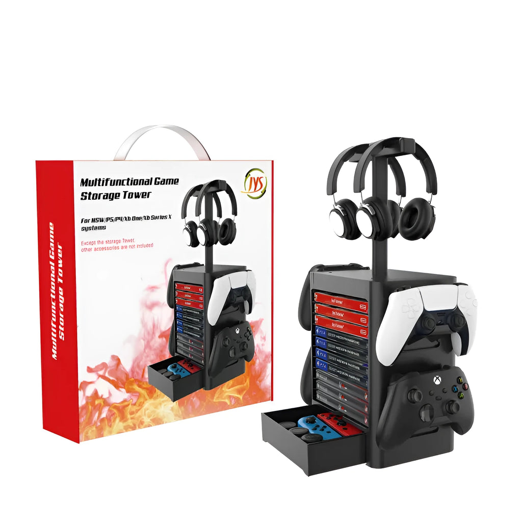 Black ABS gaming accessory rack holding controllers, headphones, and with drawer open showing game cards