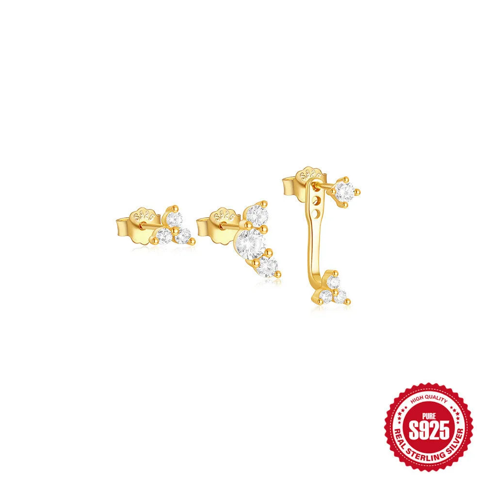Set of three S925 sterling silver geometric tassel ear studs with zircon details on a plain background.