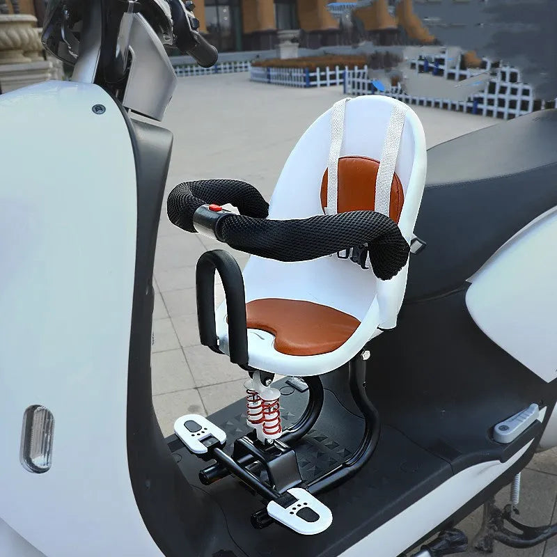 High carbon steel front seat for children's battery scooter in black, red, or white colour options