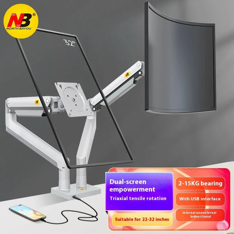 Aluminium alloy dual screen monitor desktop bracket with mechanical adjustment for 17-32 inch displays