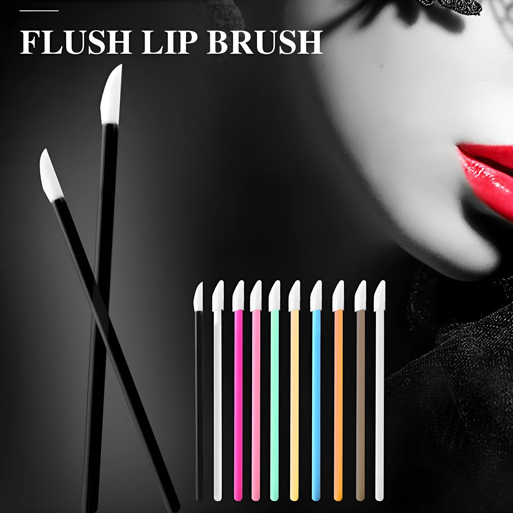 Disposable lip brushes with flocked heads and black handles in various colours