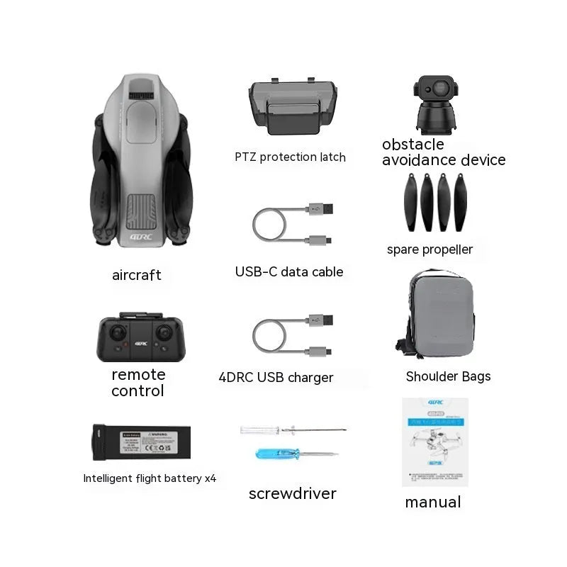 White foldable quadcopter drone with 4K camera and obstacle avoidance sensors, remote control, and batteries on a grey background.