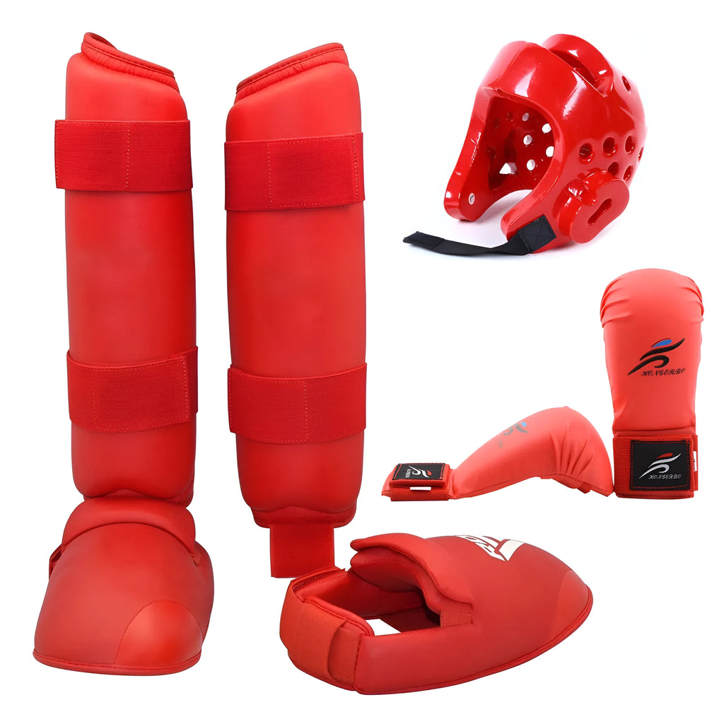 Karate taekwondo protective gear set with red leg guard, helmet, and boxing gloves for martial arts training