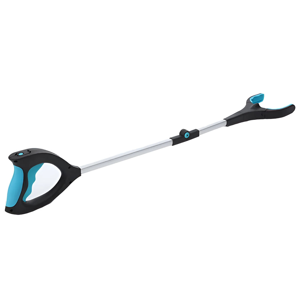 Blue foldable golf ball retriever with extended aluminium shaft and TPR grabber head.